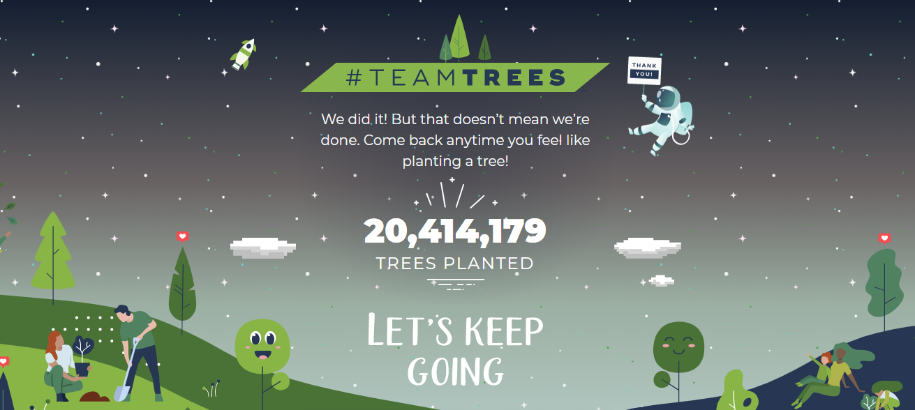 Elon Musk, the heads of Twitter and YouTube, PewDiePie and famous celebrities helped.  TeamTrees will plant 20 million trees
